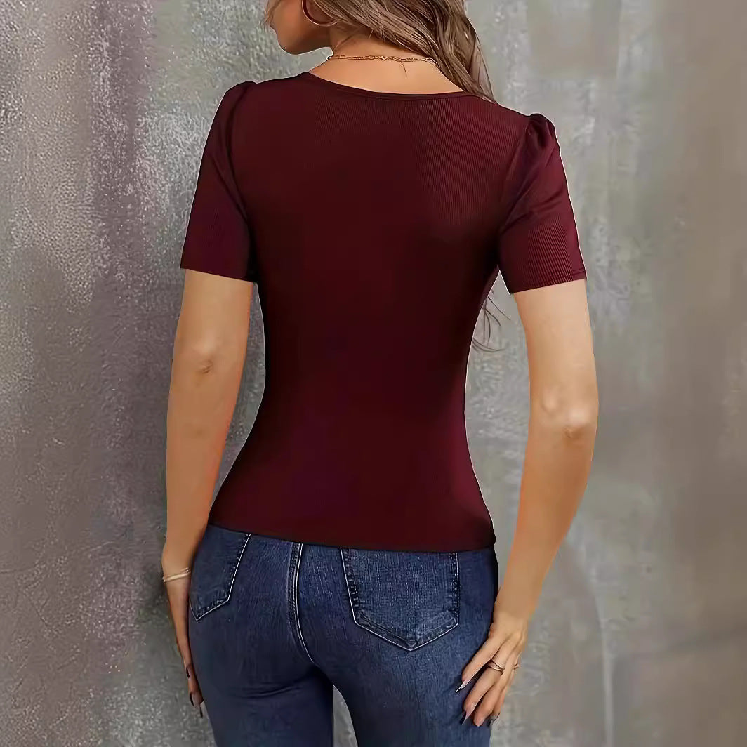 Dame Figurformet V-hals T-shirt med puffærmer Stilla