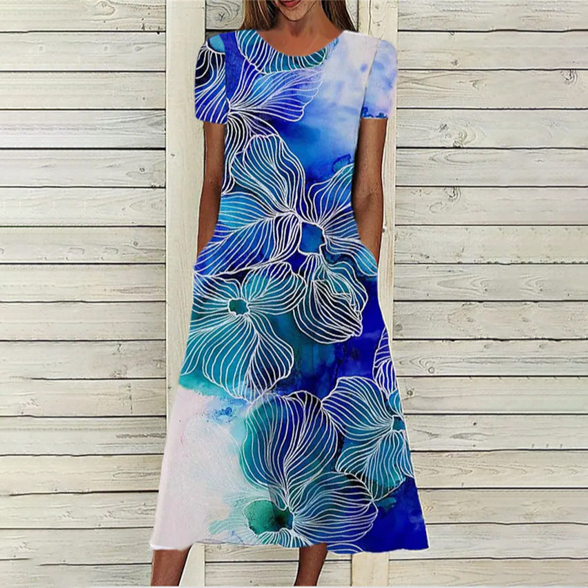 Stilla | Praktisk Casual Print Rund Hals Lomme Kjole