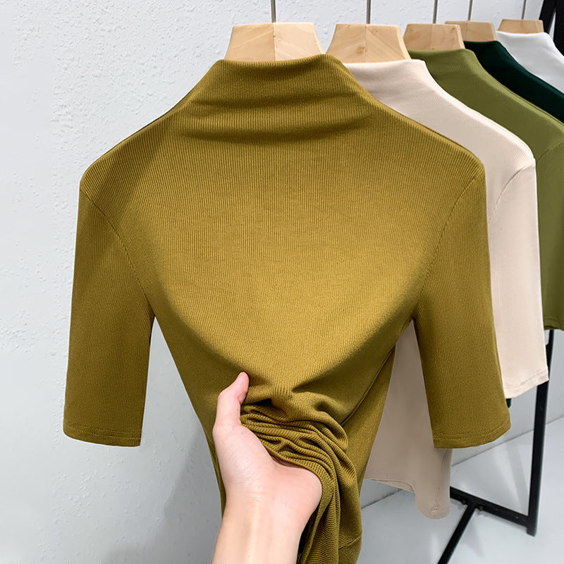 Dame Kortærmet Turtleneck Top i strækbart materiale med figursyet snit Stilla