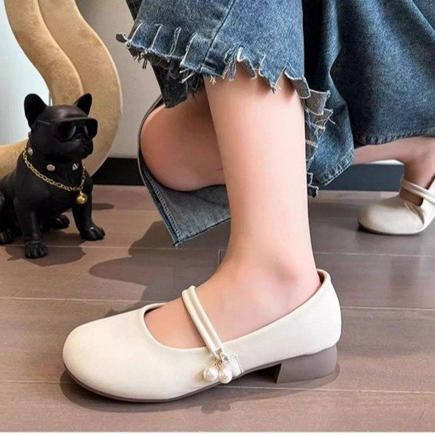 Damer Ballerinas med fashionable perleakcenter og komfortabel blokhæl Stilla