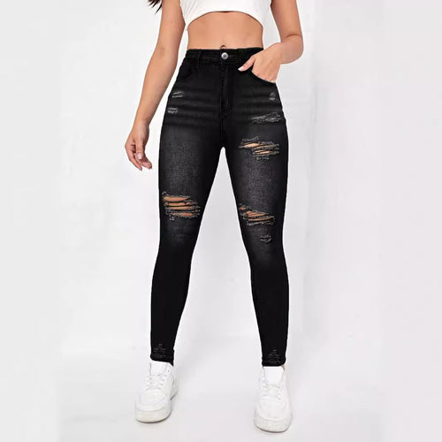 Dame Skinny Jeans i mode ødelagt look med høj talje og behagelig stretch Stilla