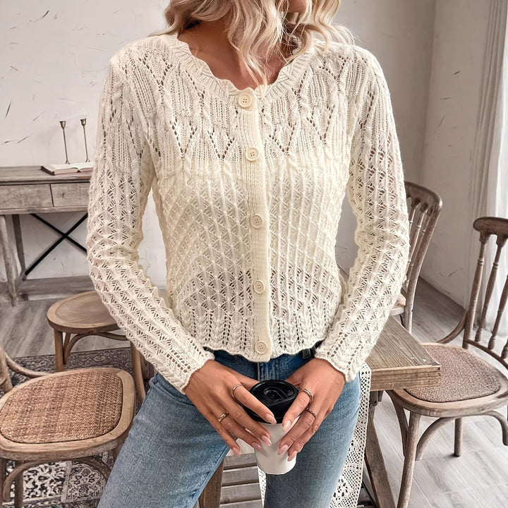 Kvinders cardigan med unik hæklet struktur og knapfri design Stilla
