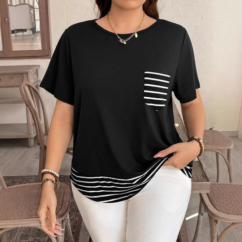 Dame Legeres T-Shirt med stribet kant og brystlomme Stilla