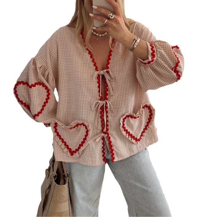 Dame Oversized Bluse med hjerteapplikationer og flæse detaljer Stilla