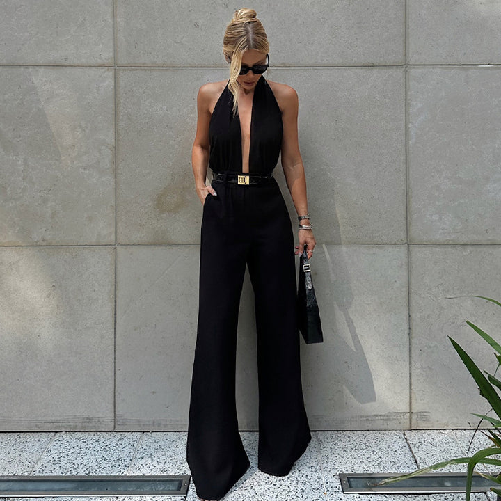 Dame Elegant Halter-Jumpsuit med dyb V-udskæring og sidelukning Stilla