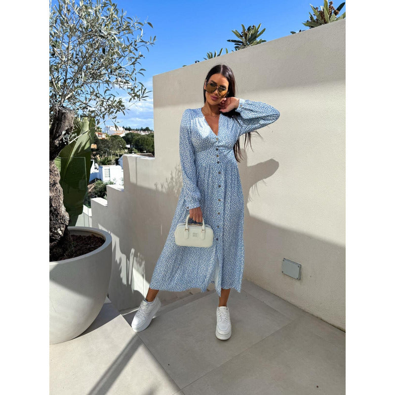 Femme Floral Button-Up Maxi-Kjole med Bælte Talje Stilla