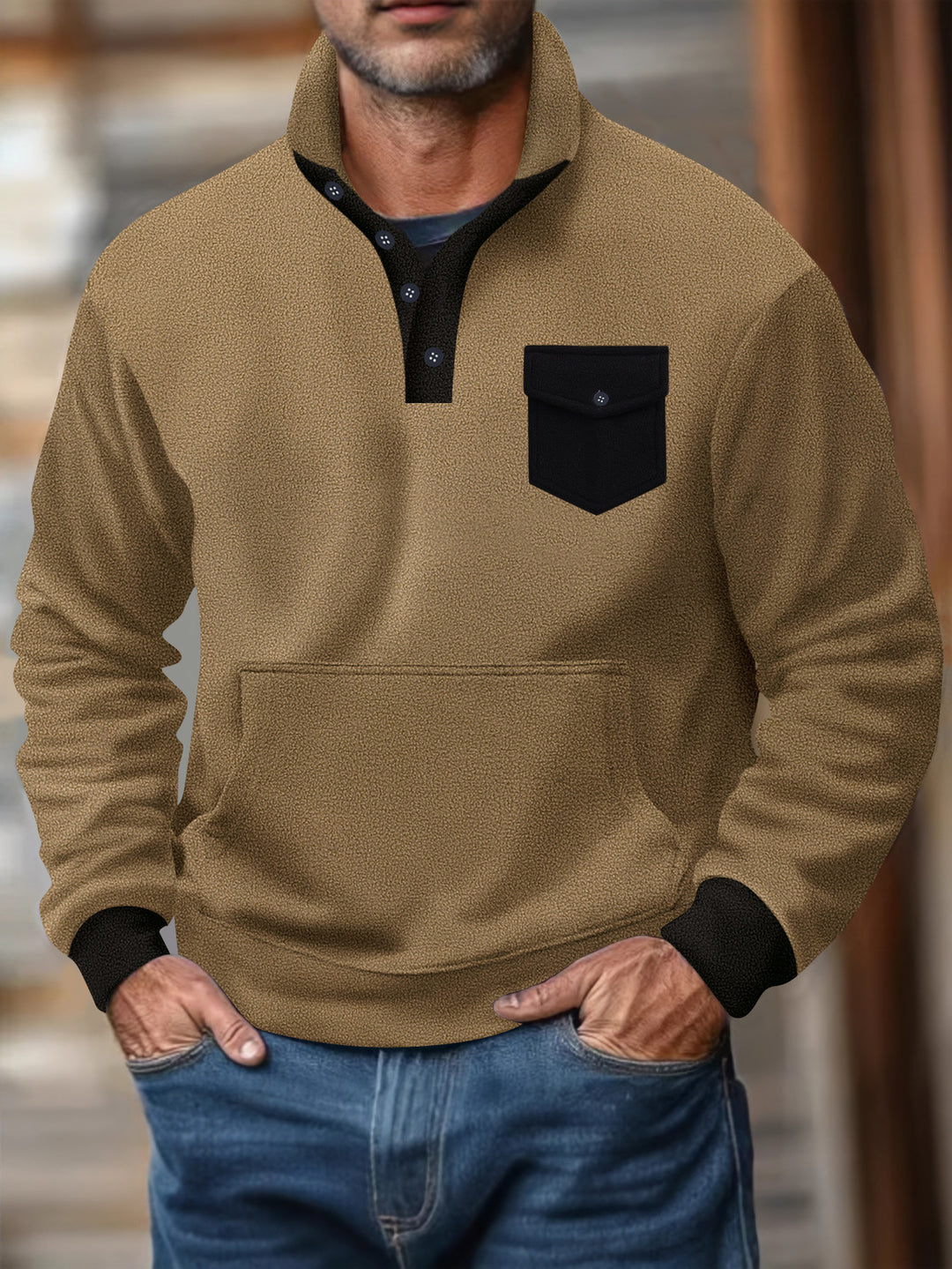 Herrer sweatshirt med moderne ståkrave og påsyet lomme Stilla