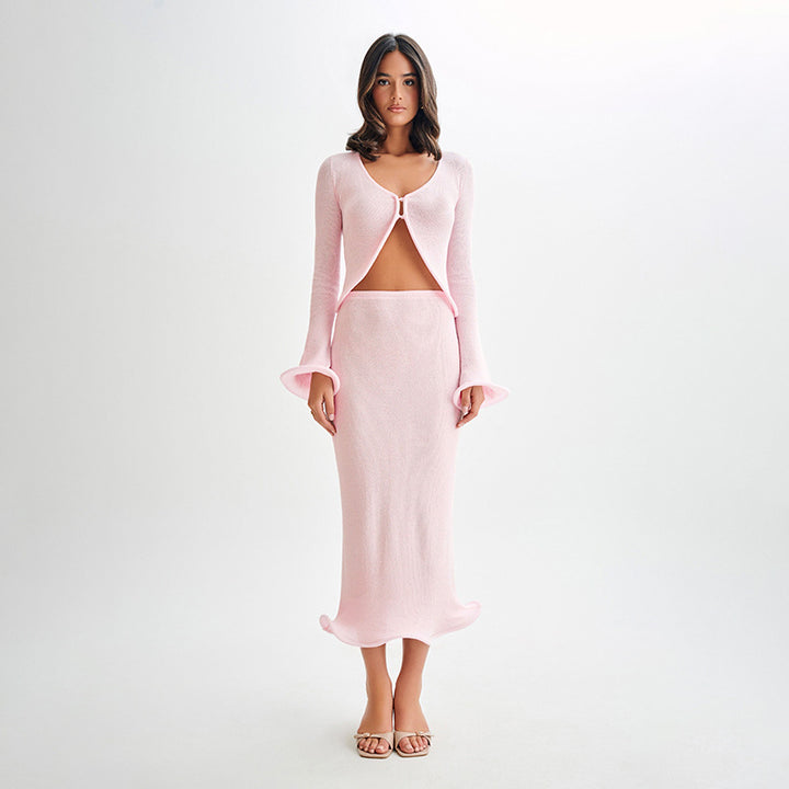 Kvinder Cropped Cardigan og Midi Nederdel Sæt Stilla