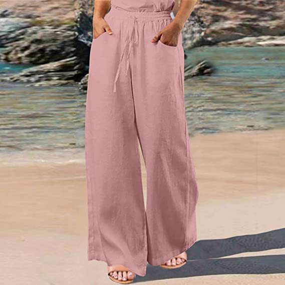 Dame brede linned sandaler-bukser med elastisk talje og justerbar snor Stilla
