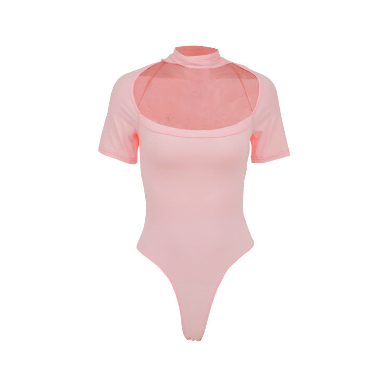 Dame Højhalset Body-top med transparent net-materiale og korte ærmer Skovae