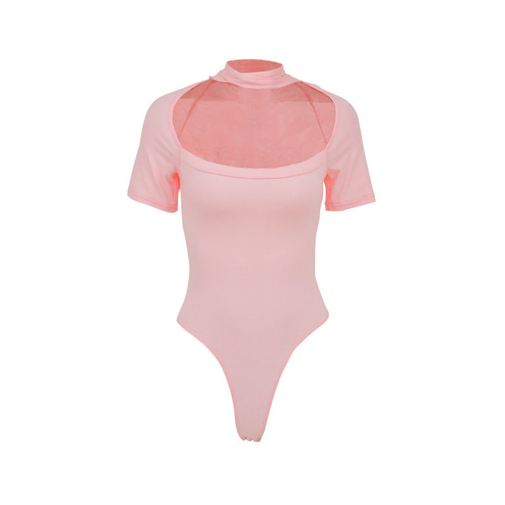 Dame Højhalset Body-top med transparent net-materiale og korte ærmer Skovae