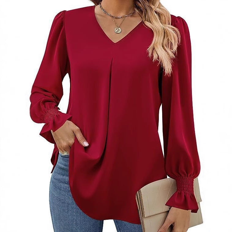 Dame Elegant Bluse med V-udskæring og Pufærmer Stilla
