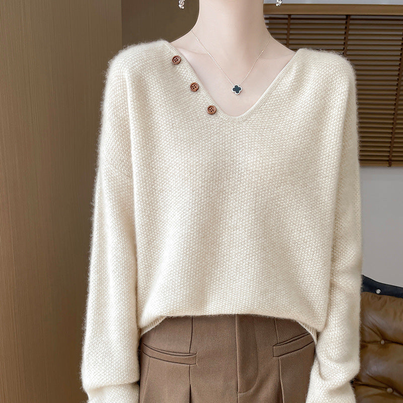 Femme Cozy V-Udskæring Knap Detalje Pullover Stilla