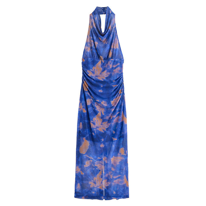Dame Halter Neck Maxi Kjole med floral Drapering Stilla