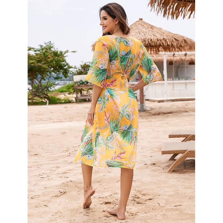 Dame elegant strandkimono med blomstret design og taljerbar bælte Stilla
