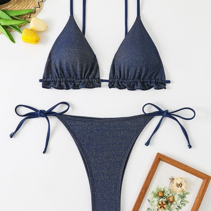 Dame triangel-bikini med flæse detaljer og glimmer effekt Stilla