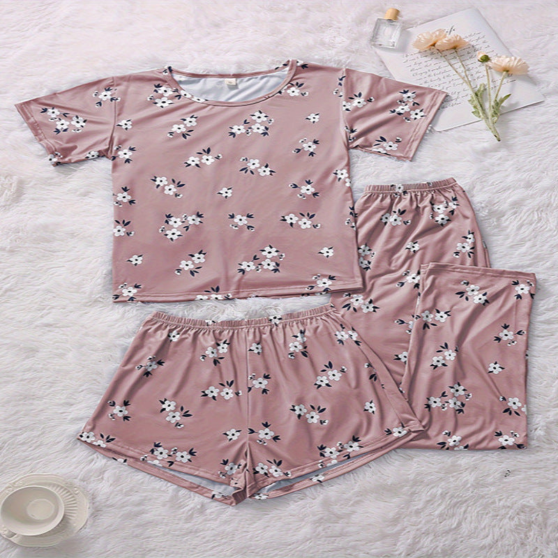 Dame kortærmet pyjamas-sæt med blomstermotiv og elastisk talje Stilla