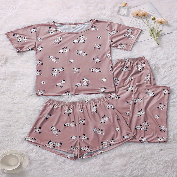 Dame kortærmet pyjamas-sæt med blomstermotiv og elastisk talje Stilla