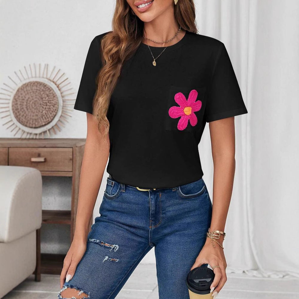 Dame T-shirt med blomstret applikationsmotiv og brystlomme Stilla