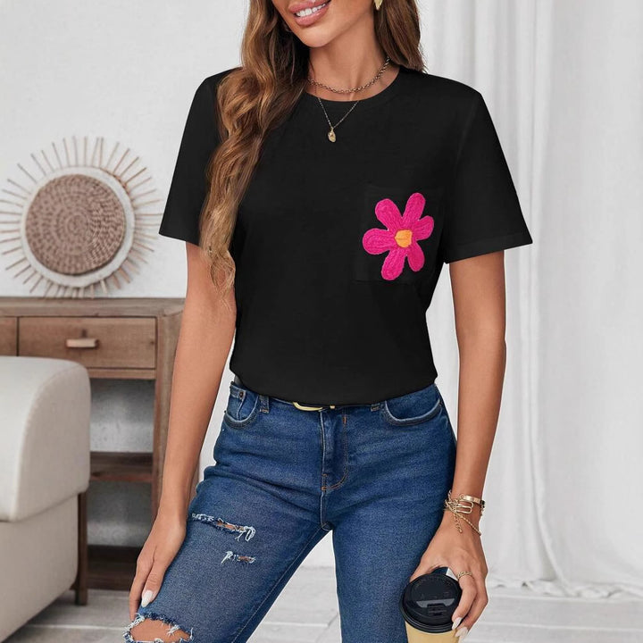 Dame T-shirt med blomstret applikationsmotiv og brystlomme Stilla