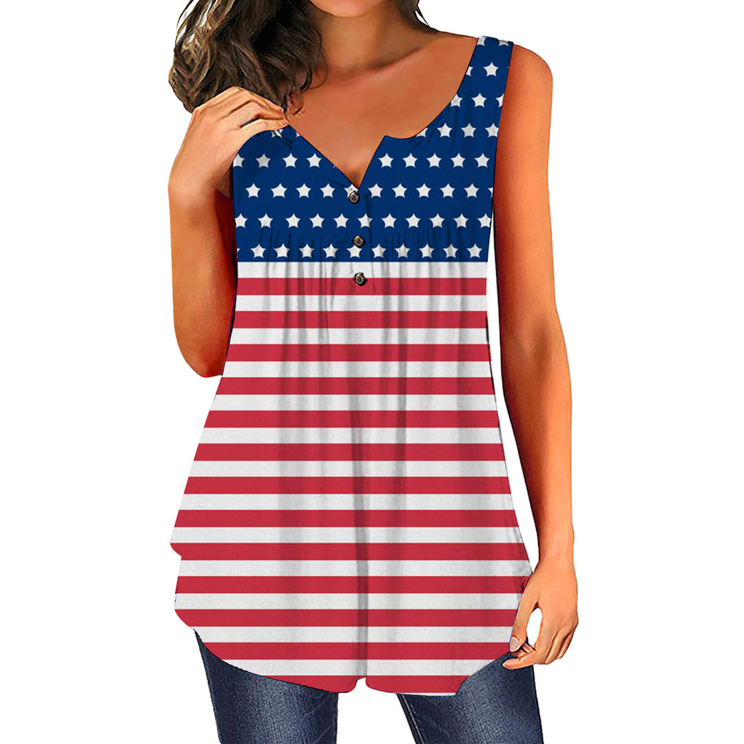 Dame afslappet bluse med knapliste og flagmotiv Stilla