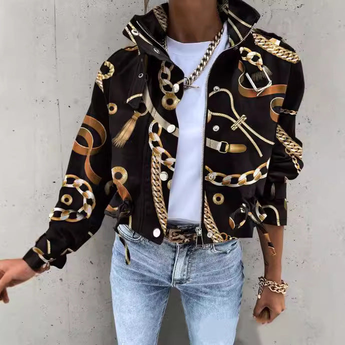 Dame mode cropped utility jakke med unikt mønster og praktiske lommer Stilla