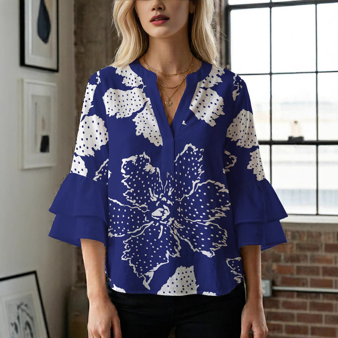Dame elegant bluser med voluminøse rucheærmer og grafisk blomsterdesign Skovae