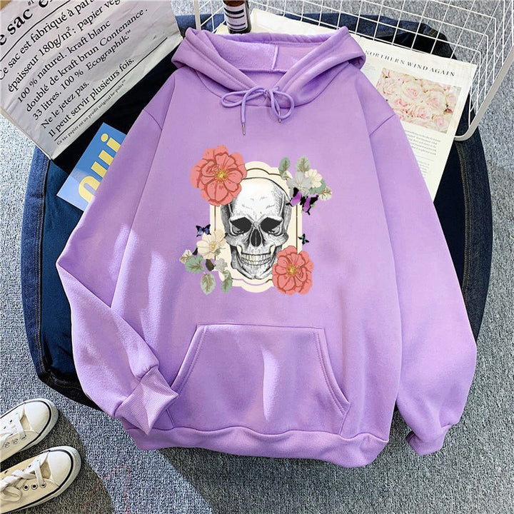 Kvindernes hoodie med detaljeret kraniedesign og blomsterprint Skovae