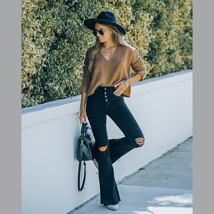 Dame Elegant Bootcut-Jeans med høje knapper og destroyed-detaljer Stilla