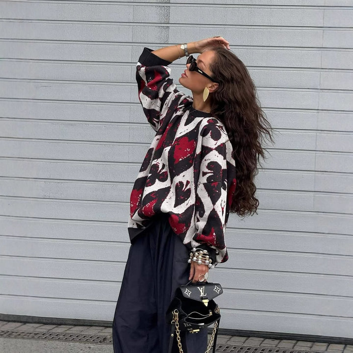 Dame oversized strik sweater med geometrisk mønster og flydende ærmer Stilla