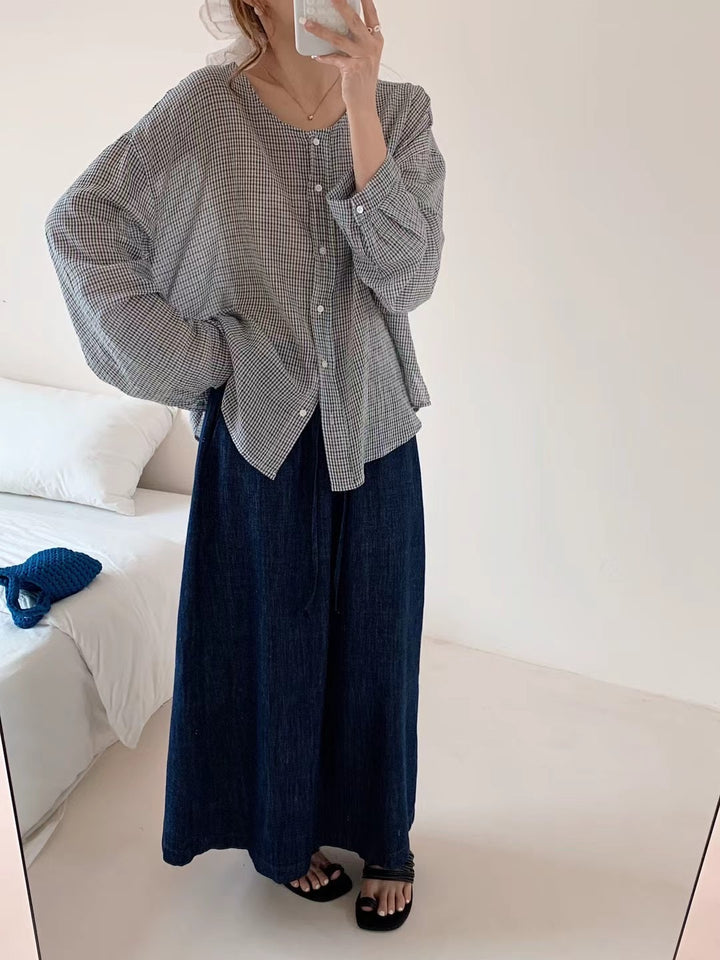 Damer Oversized Button-Up Karo-Bluse med unik kant Stilla