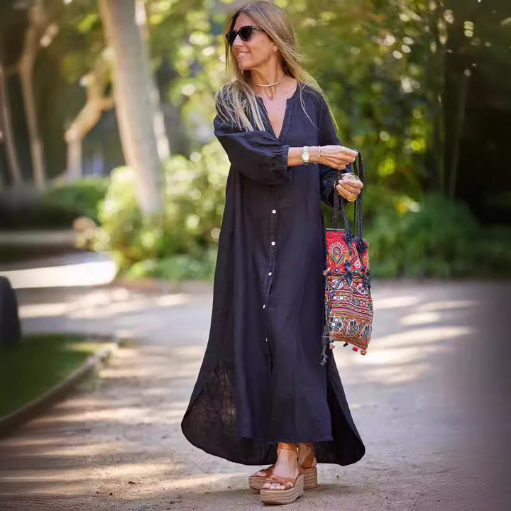 Dame Langeærmet Linnedress med Knapliste og Sidelommer Stilla