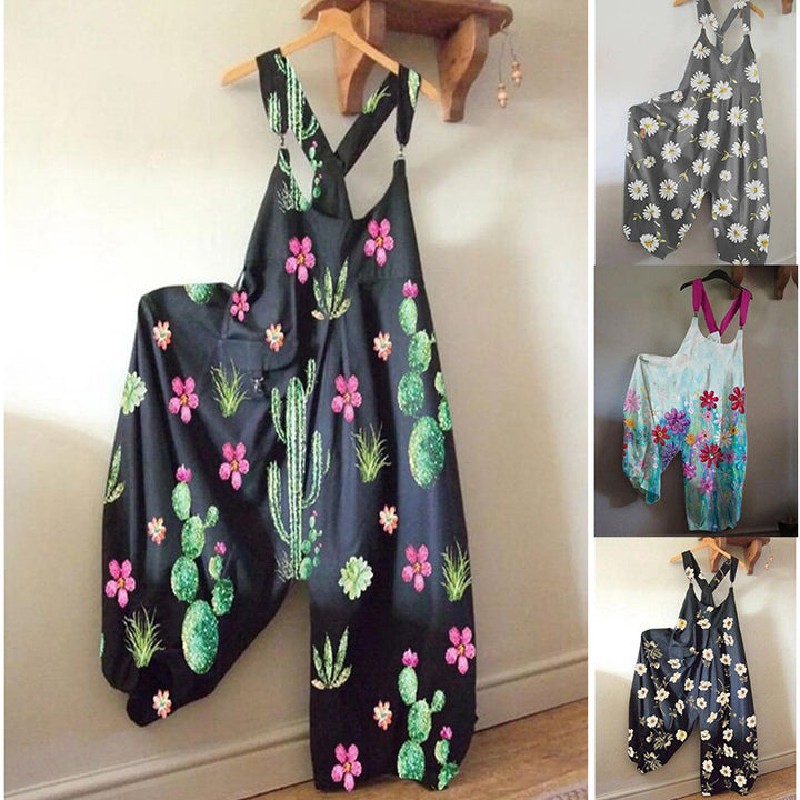 Dame Casual Jumpsuit med farverigt mønster og bredt skårne ben Stilla