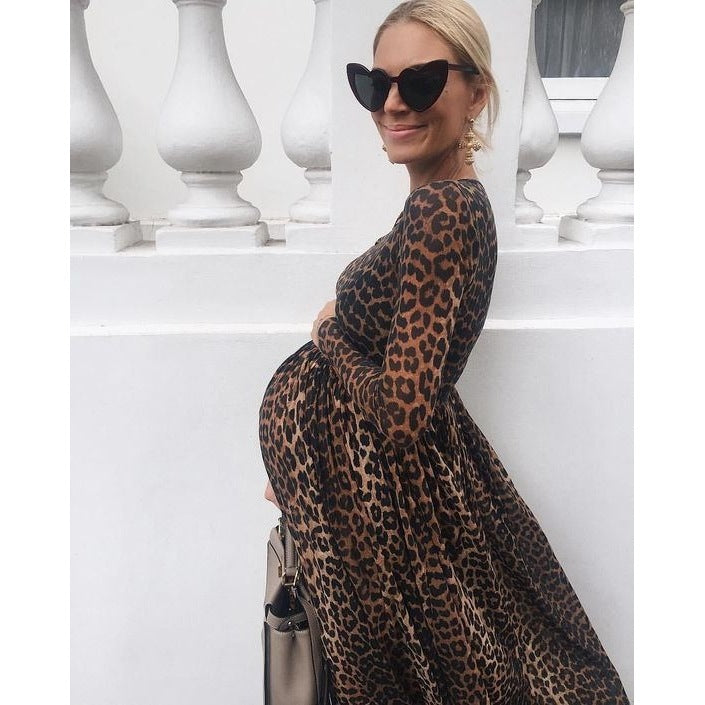 Dame Trendy Maxikjole med gennemsigtigt leopardmønster og elegant taljebind Stilla