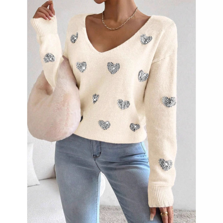 Dame oversized sweater med dyb V-hals og hjerte motiv Stilla