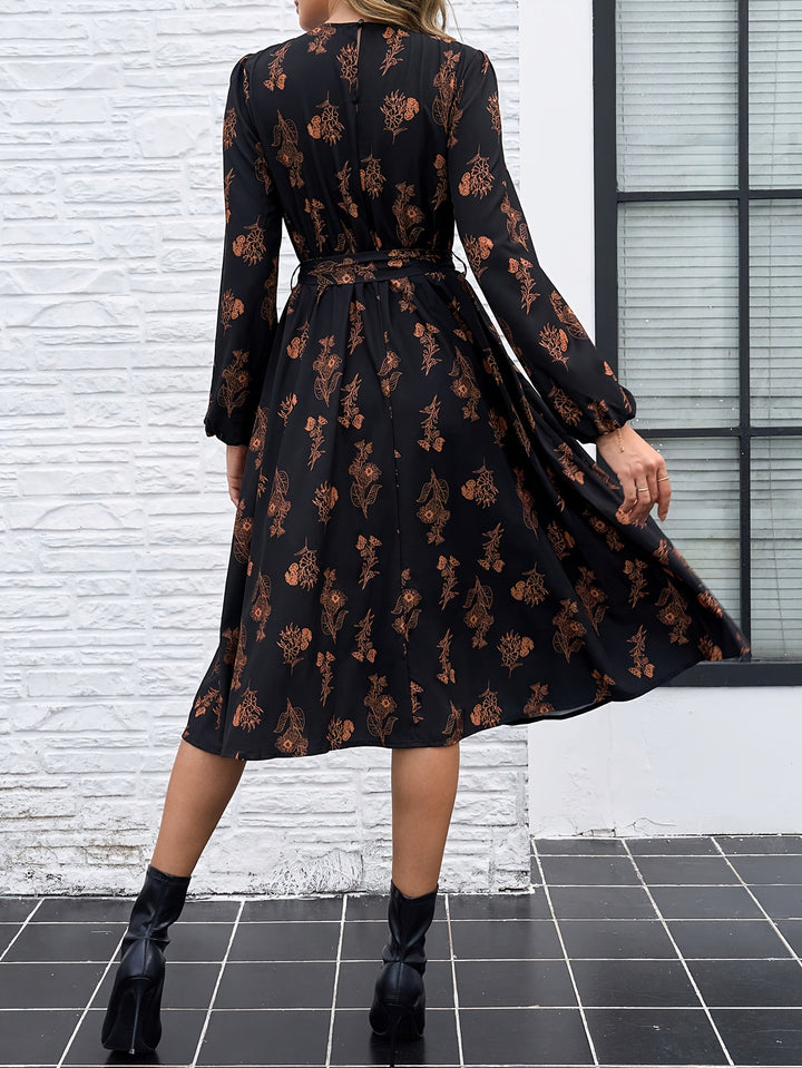Dame Floral Print Midi Kjole med Bælte Stilla