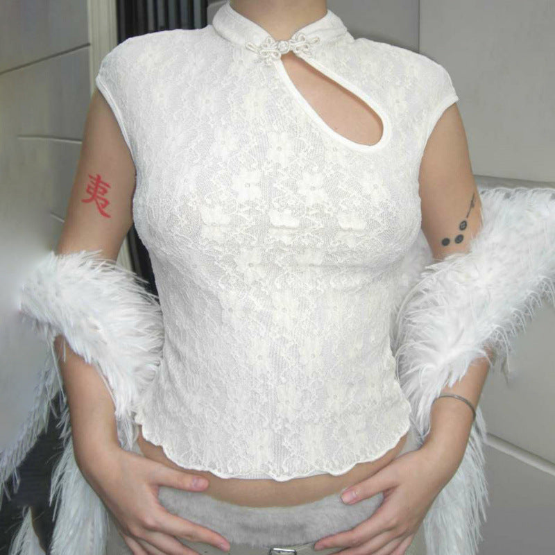 Damen Spitzenoberteil mit hochgeschlossenem Kragen und floralem Design Skovae