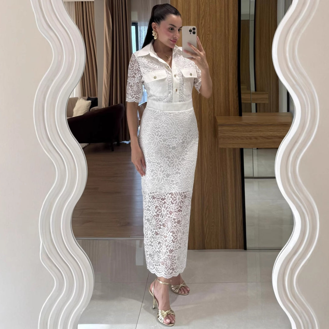 Dame Elegant Spidskjole med Krave og Kort Bluse Stilla