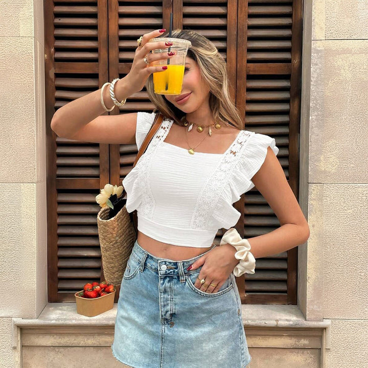 Dame Crop Top med romantisk spidsudsmykning Skovae