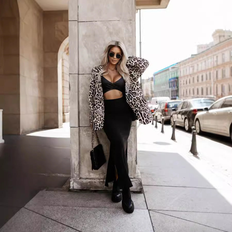 Dame Luksuriøst Animal-Print Blazer-Outfit med figursyet Nederdel Stilla