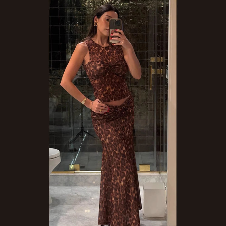 Dame Maxi-nederdel med elegant leopardmønster og figursyet design Stilla