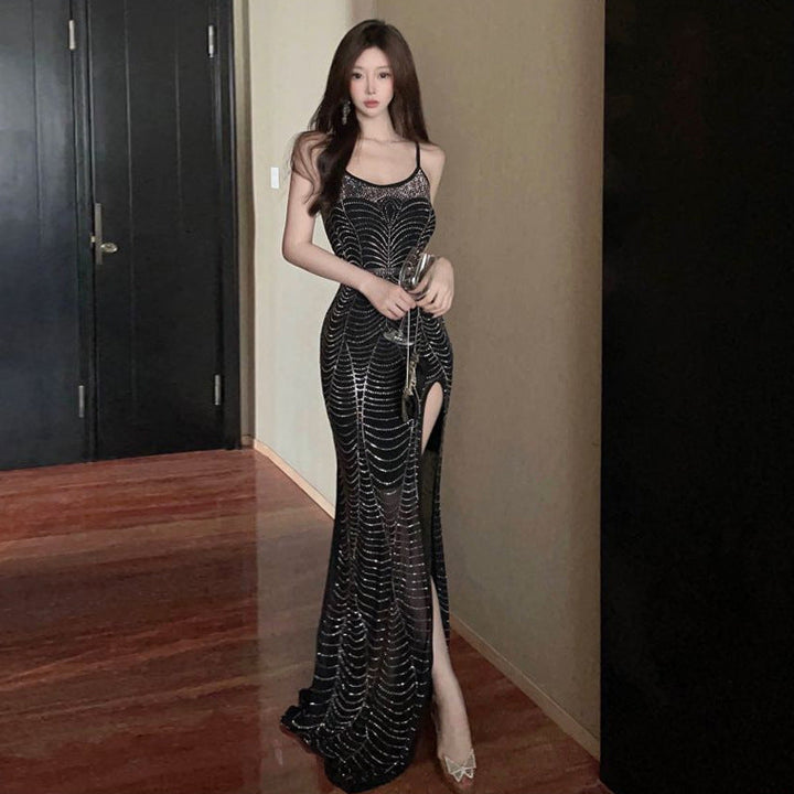 Stilla | Sensuel Mesh Rhinestone Gennemsigtig Split Slip Kjole