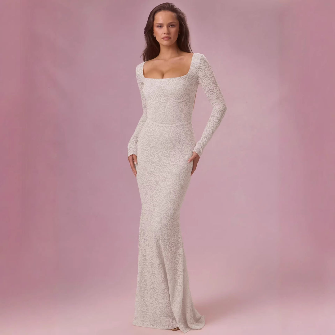 Kvinder Elegant Blonde Maxi Kjole med Skræddersyet Silhuet og Lange Ærmer Skovae