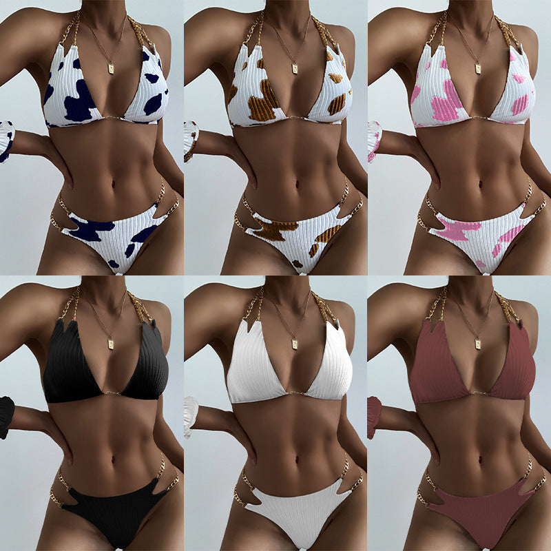 Dame trekant-bikini med kreativ kædeaccent og ribstruktur Skovae