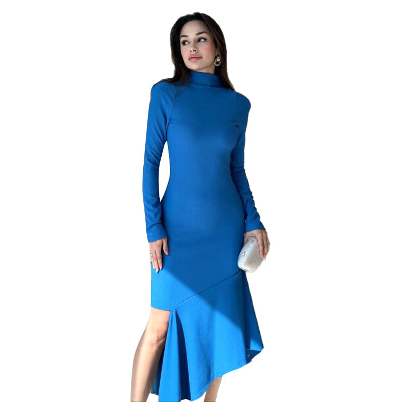 Damer elegant Midikjole med asymmetrisk kant og høj krave Stilla