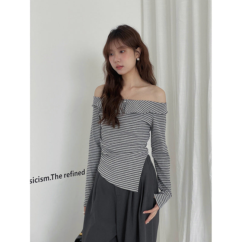 Damer Off-Shoulder Strikketop med asymmetrisk kant og stribemønster Stilla