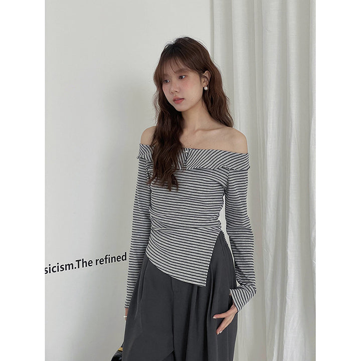 Damer Off-Shoulder Strikketop med asymmetrisk kant og stribemønster Stilla