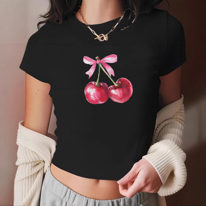 Dame Crop-T-Shirt med muntert kirsebærmotiv Skovae