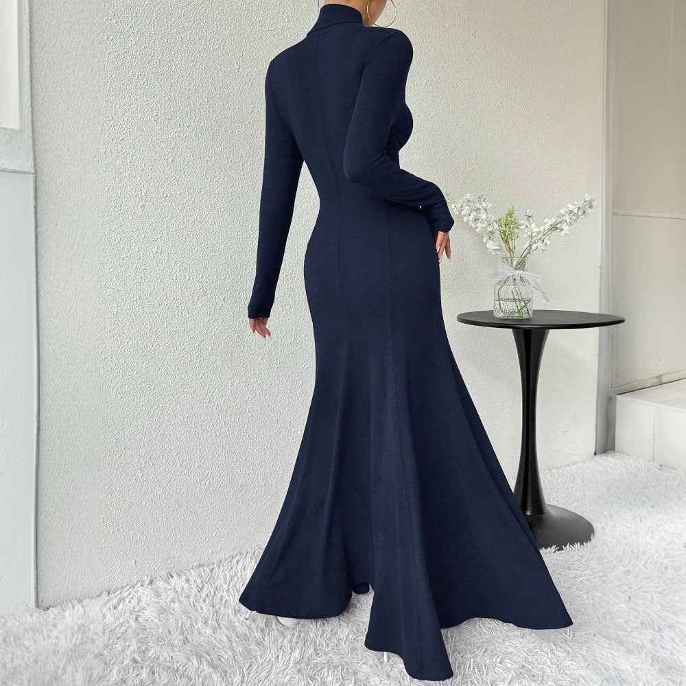 Dame elegant langærmet maxi kjole med høj krave og flagrende bund Stilla