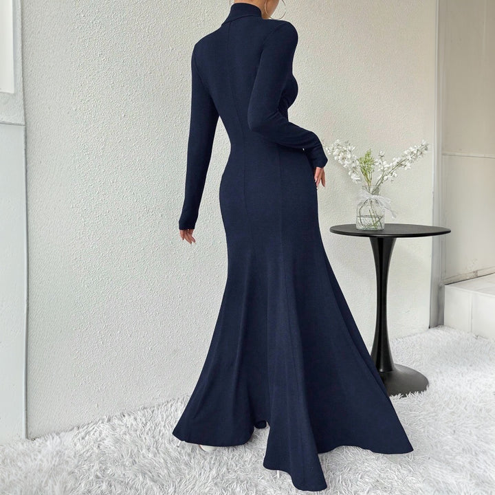 Dame elegant langærmet maxi kjole med høj krave og flagrende bund Stilla